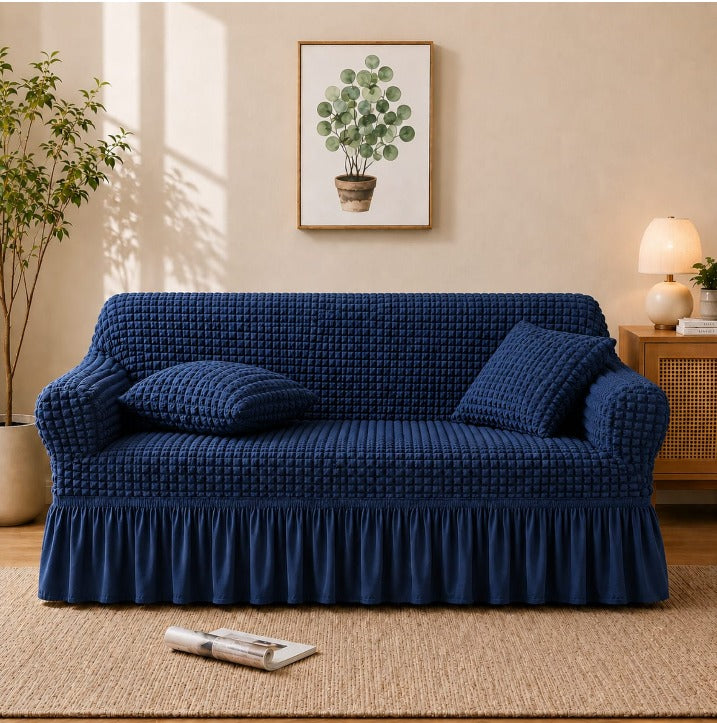 Navy Blue Bubble Texture Sofa Cover with Ruffle Skirt